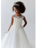 Cap Sleeves Beaded Ivory Lace Tulle Illusion Pearl Buttons Back Flower Girl Dress